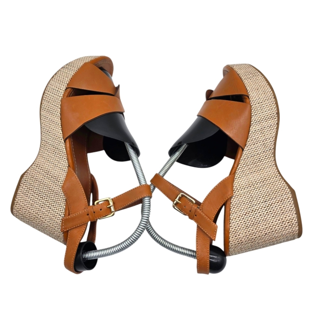Clee Leather Brown Tan Wedge Sandals Size 10
